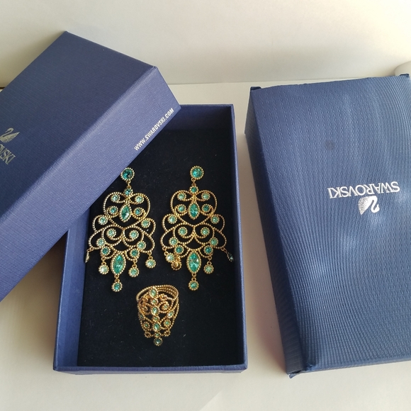 AUTHENTIC Swarovski 18k Gold Plated Azore Filigree Earrings & Ring SET - Picture 12 of 17